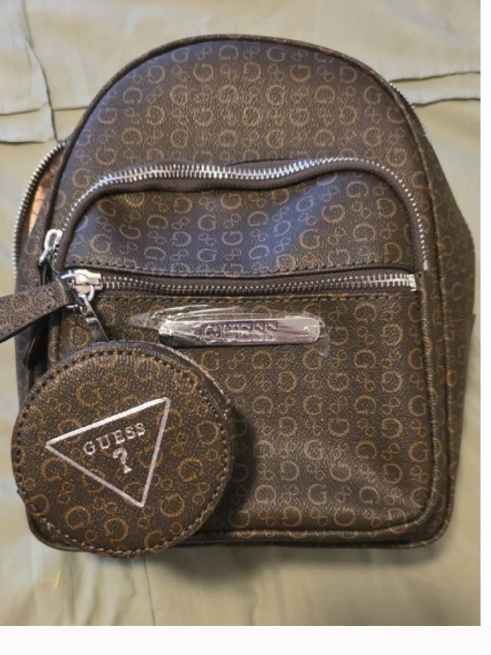 NWT!! GUESS Brown Logo-Print Mini Backpack with Coin Pouch